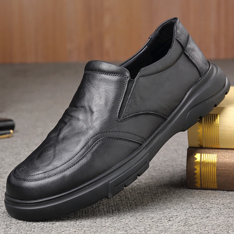 3308渡诺班尼新款休闲皮鞋男一脚蹬防滑耐磨爸爸鞋厚底宽脚真皮鞋