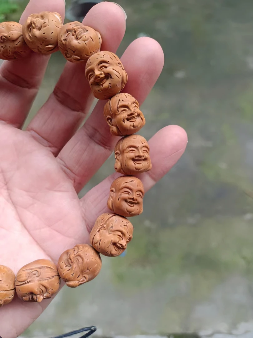 桃核雕刻弥勒笑佛头手串手持 一物一图