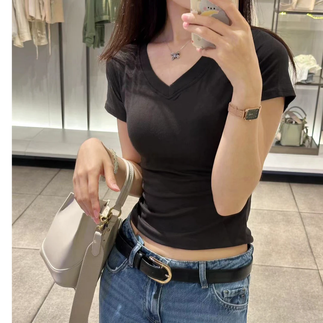 新款气质百搭V领正肩T恤辣妹修身显瘦短款上衣女夏