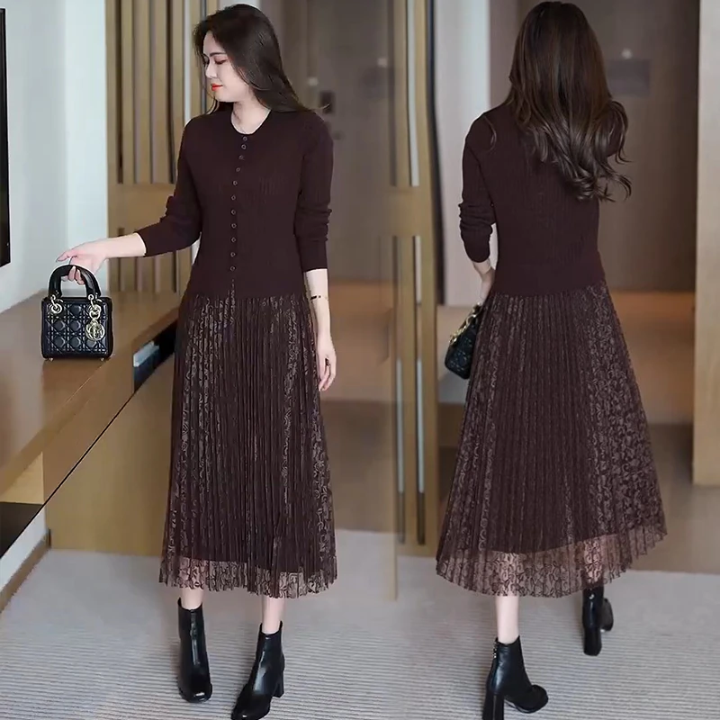 假两件针织连衣裙女2024冬季新款洋气质显瘦中长款过膝毛衣打底裙