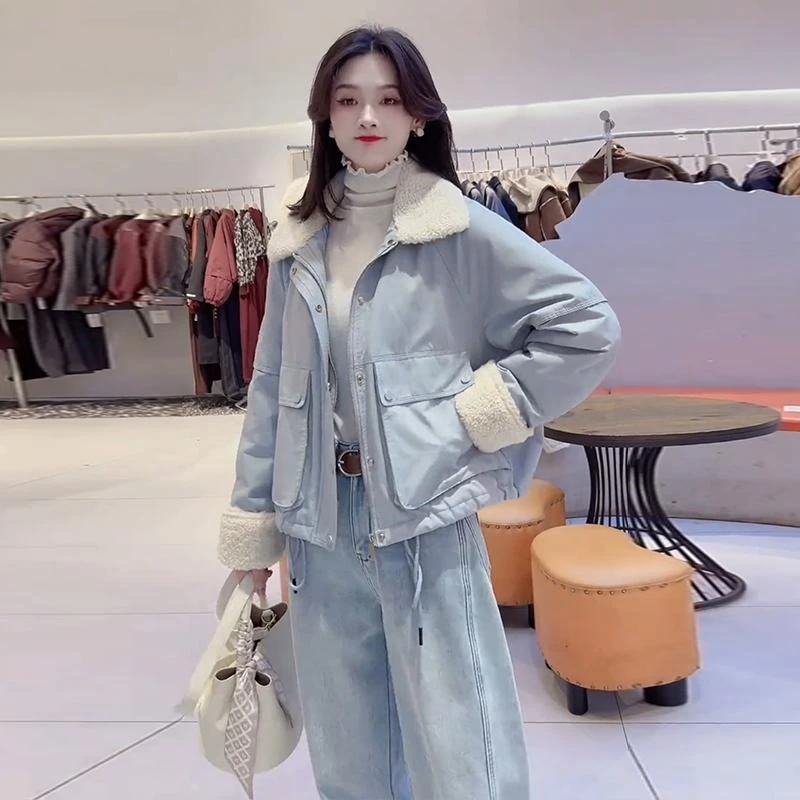 欧货2024冬季新款时尚洋气人造毛翻领大口袋工装小个子百搭棉服