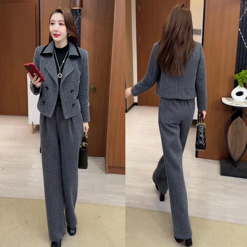 时尚套装女2024冬季新款洋气显瘦加棉加厚短款外套阔腿裤两件套潮