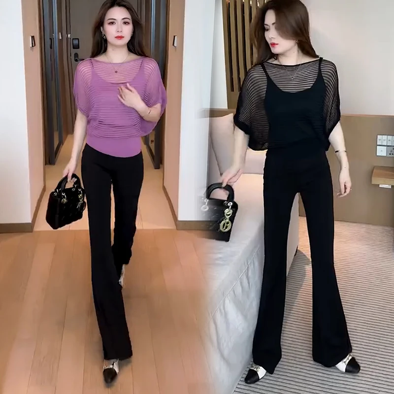 冰丝短袖针织衫女夏季洋气显瘦遮肚防晒罩杉缕空薄款蝙蝠衫上衣潮