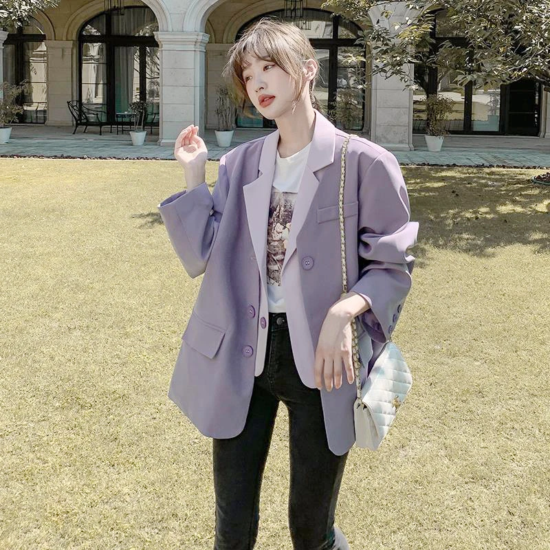 紫色假两件设计感西装外套女小个子春秋季新款休闲韩版气质小西服