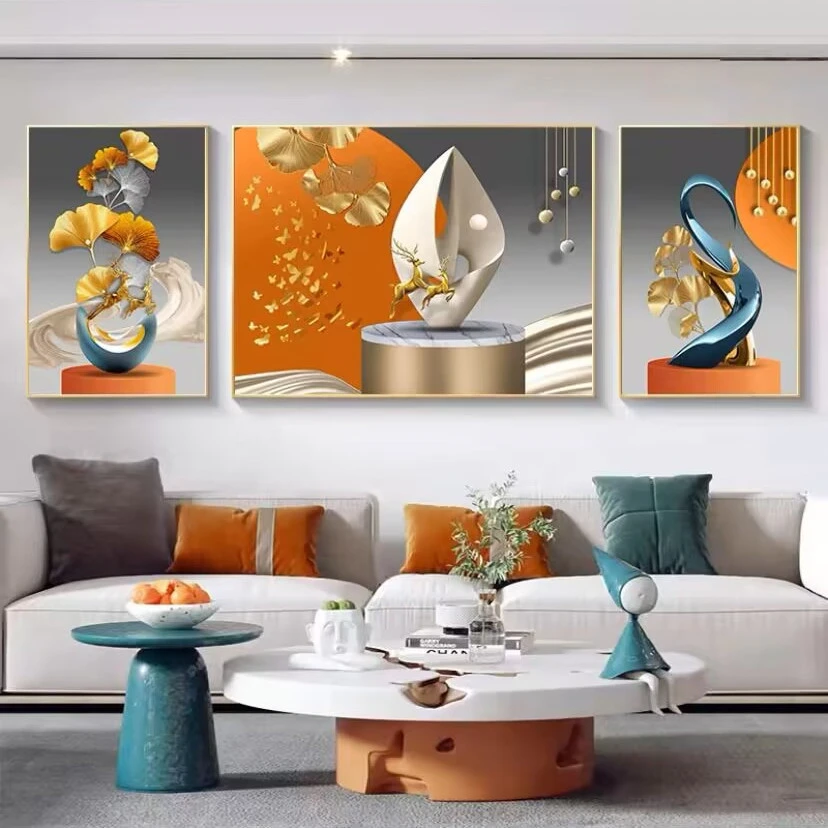 轻奢客厅装饰画现代简约沙发背景墙画壁画北欧三联画带框晶瓷挂画