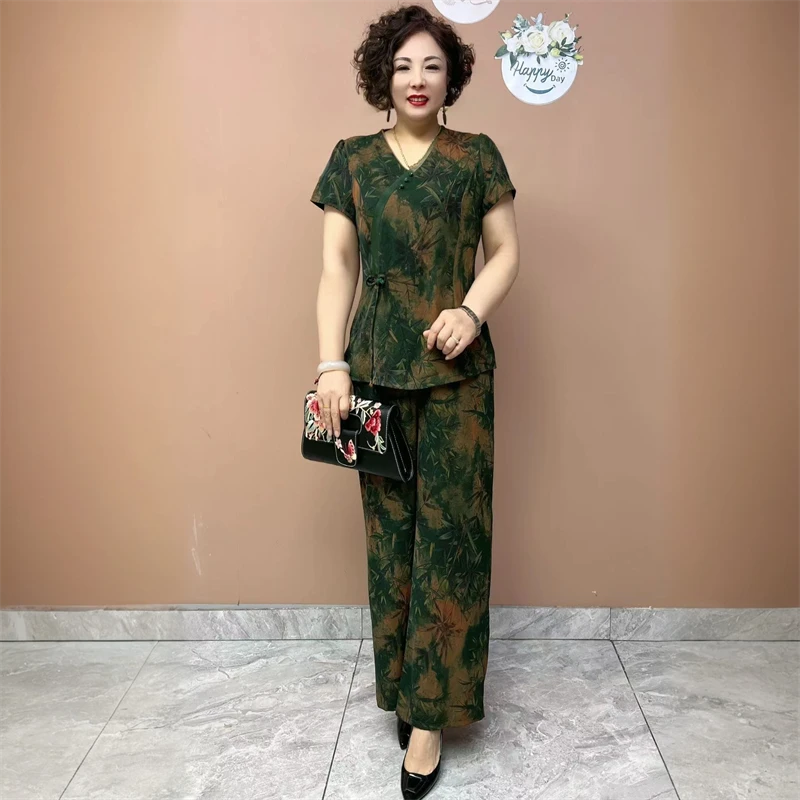 国风夏季短袖气质旗袍衬衫时尚中老年妈妈上衣+阔腿裤两件套装女