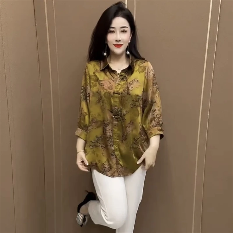 高档春夏时尚中老年妈妈丝缎大码衬衫宽松遮肉显瘦休闲上衣