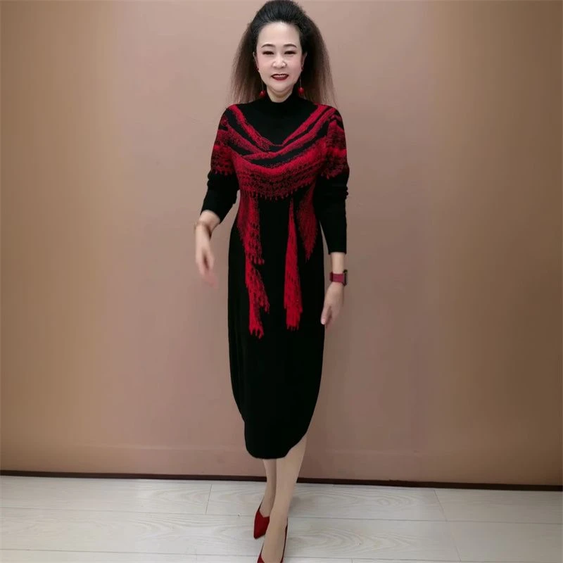 2024新款中年妈妈针织连衣裙宽松大码高端长款过膝打底毛衣裙