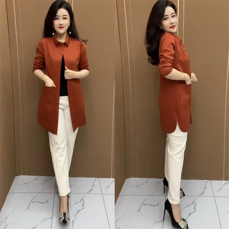 高端空气棉风衣春秋宽松显瘦中年妈妈中长款纯色衬衣洋气大码外套