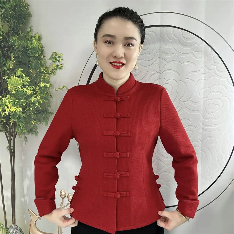 2025春季新款中老年妈妈装加厚上衣弹力显瘦复古盘扣旗袍开衫外套