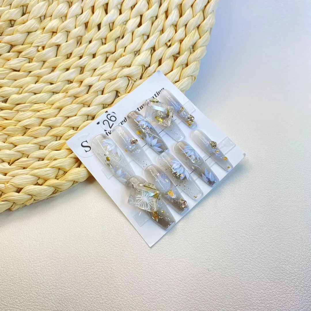 [C位-穿戴甲]26落雪冰蝶清冷风手绘蝴蝶穿戴甲长款穿戴甲