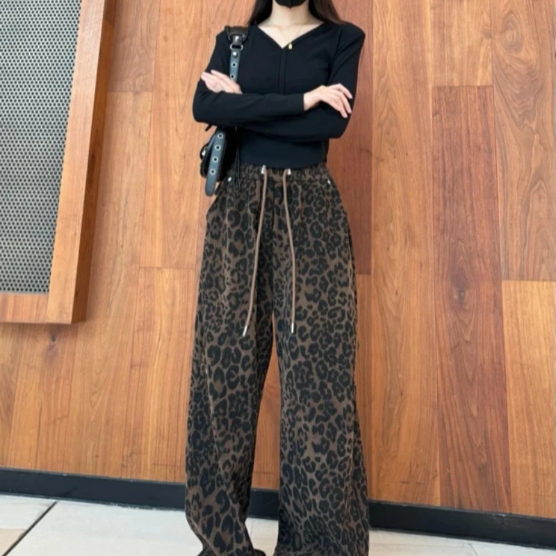 窄版豹纹高腰阔腿裤女2024秋冬季新款垂感显瘦运动香蕉裤拖地卫裤