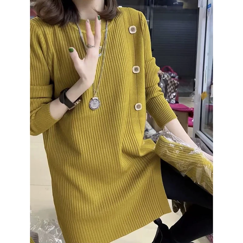 秋冬圆领中长款遮屁股毛衣裙大码女装宽松遮肚显瘦针织打底衫时髦
