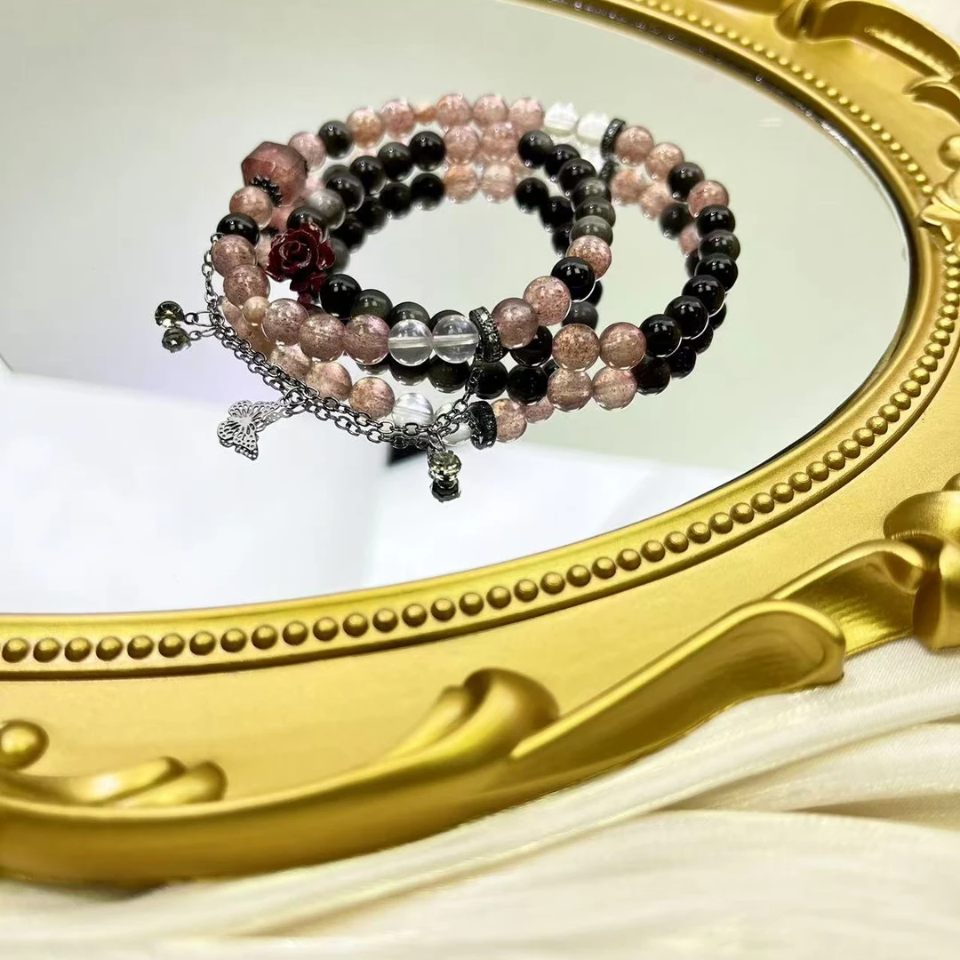 K096【渣渣退】银曜石+草莓晶+红纹石+草莓晶方糖+白水晶 手串