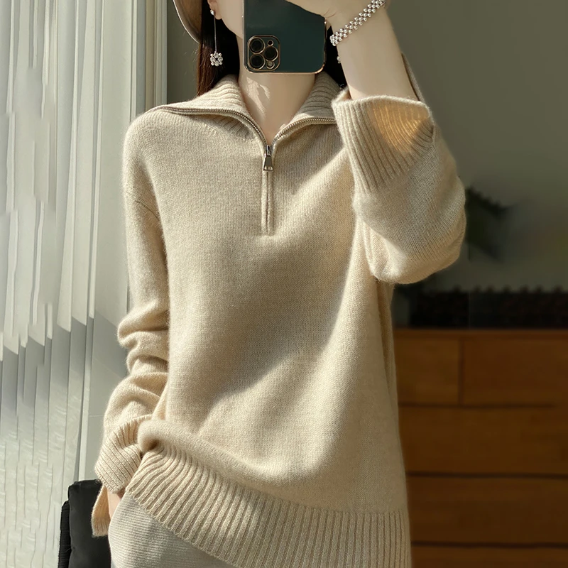 100%澳洲羊毛女士半拉链海军领羊毛衫保暖通勤毛毛爆款网红