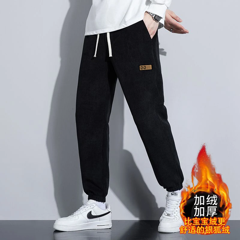 秋冬季灯芯绒休闲裤男士裤子加绒加厚雪尼尔拼接卫裤男条绒运动裤