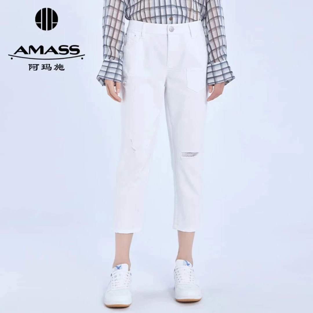AMASS/阿玛施新款显瘦休闲白色破洞直筒八分裤牛仔裤女/5100078
