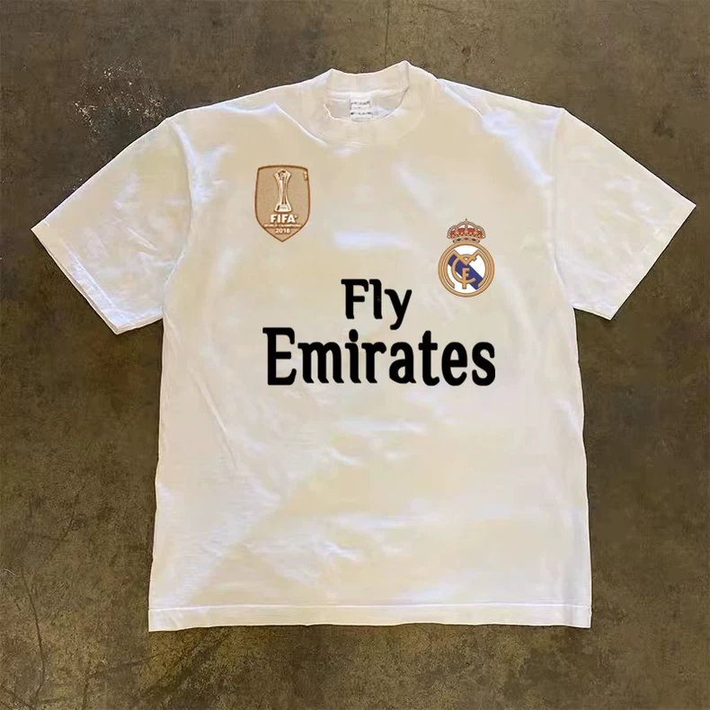 C罗皇马logo足球文化球迷白色t恤纯棉美式男短袖T恤球衣复古ins