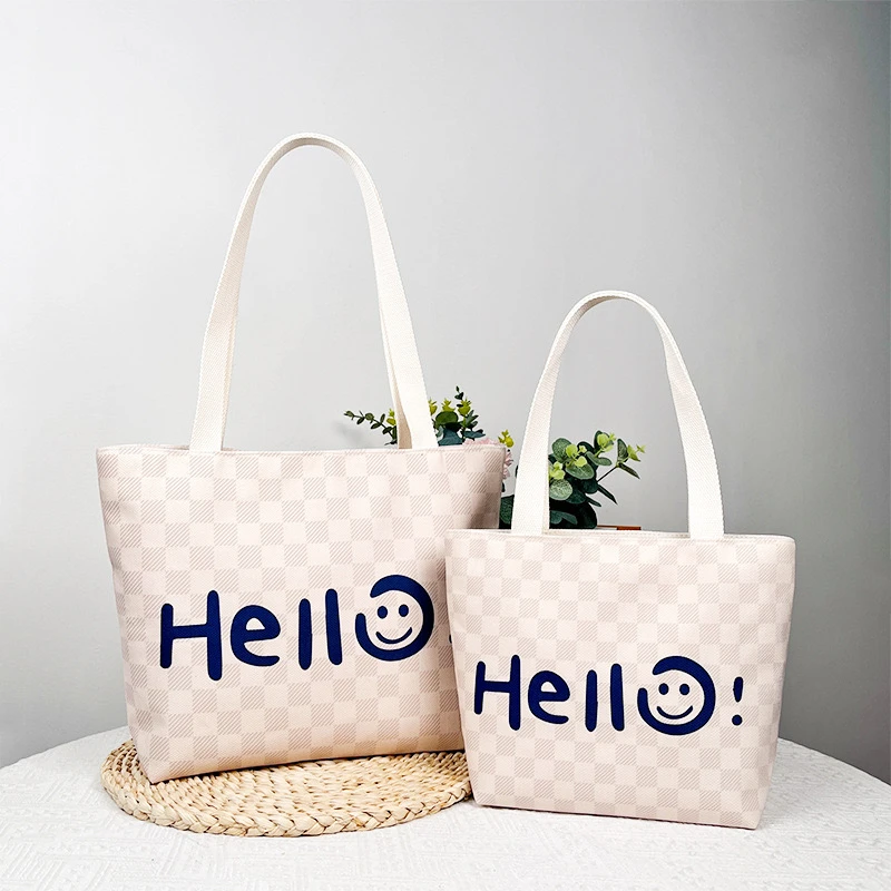 新款HELLO印花帆布包白色时尚休闲百搭编织简约学生上班单肩女士