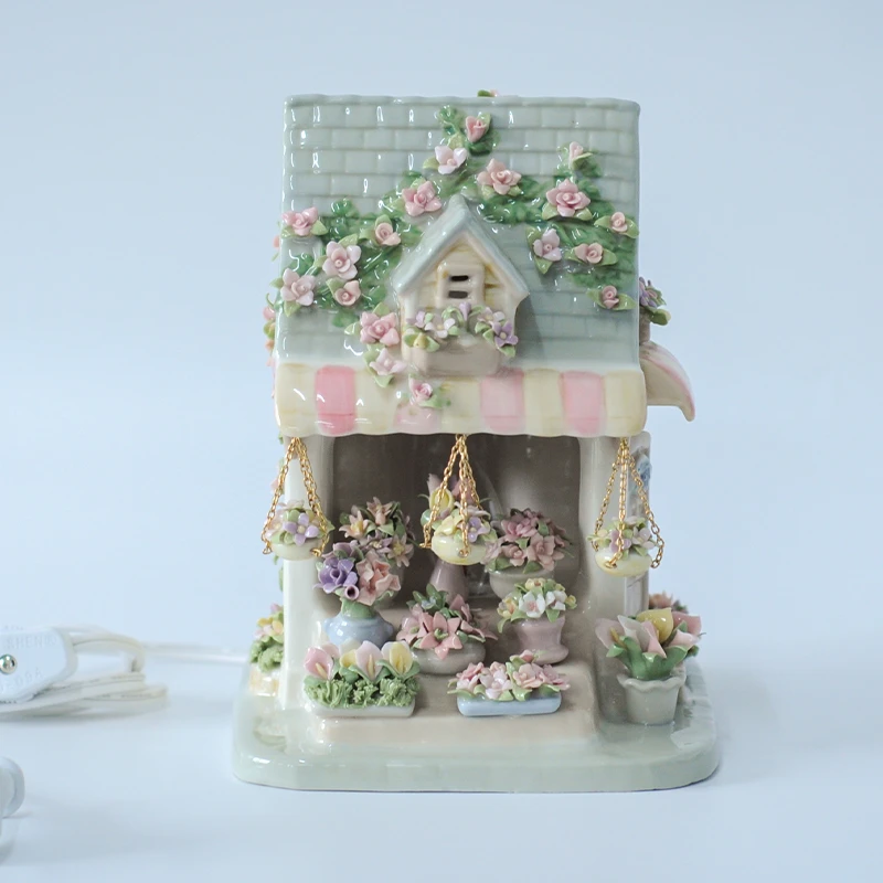 0261 cosmos复古高温瓷家居欧式摆件鲜花房子灯工艺品