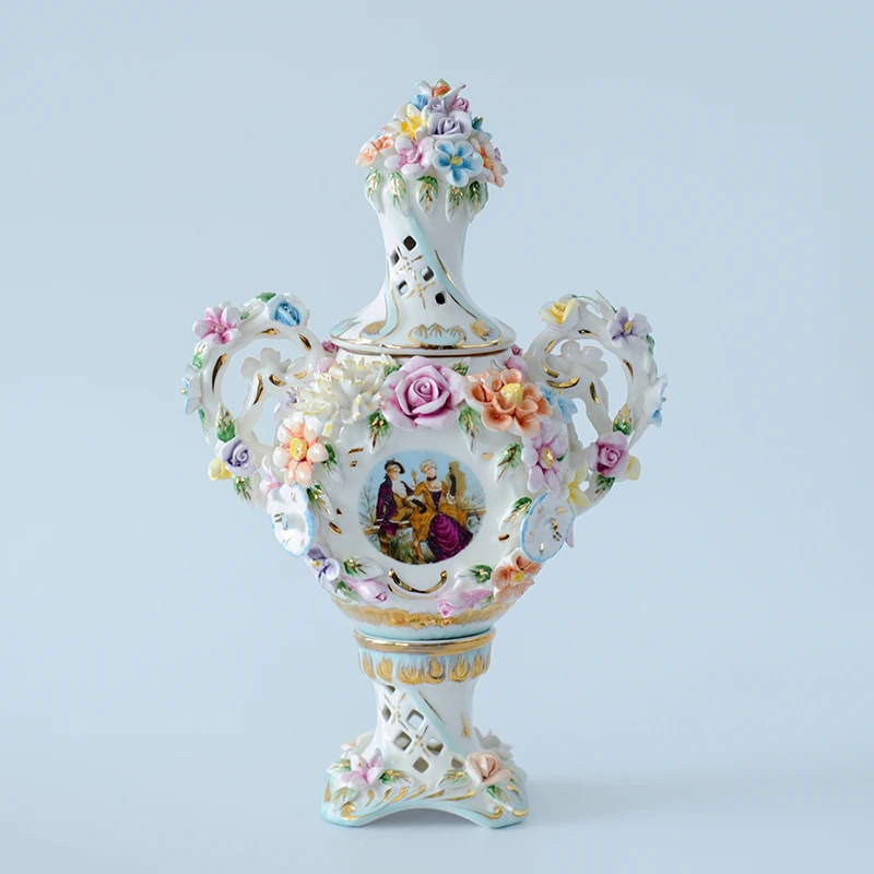 0208 西洋古董vintage瓷花人物陶瓷桌面家居摆件花瓶