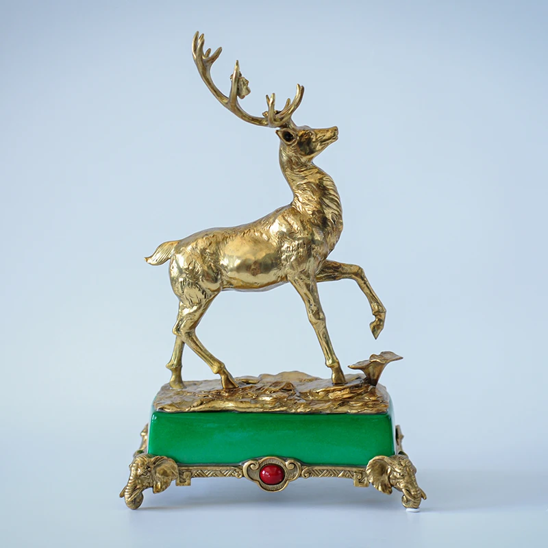 欧式复古铜配瓷绿色底座铜鹿摆件 0183
