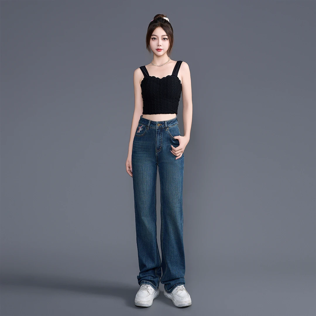 FXFULAOBAN/福兴福老板|蝶影|牛仔裤女新款秋高腰显瘦复古阔腿裤