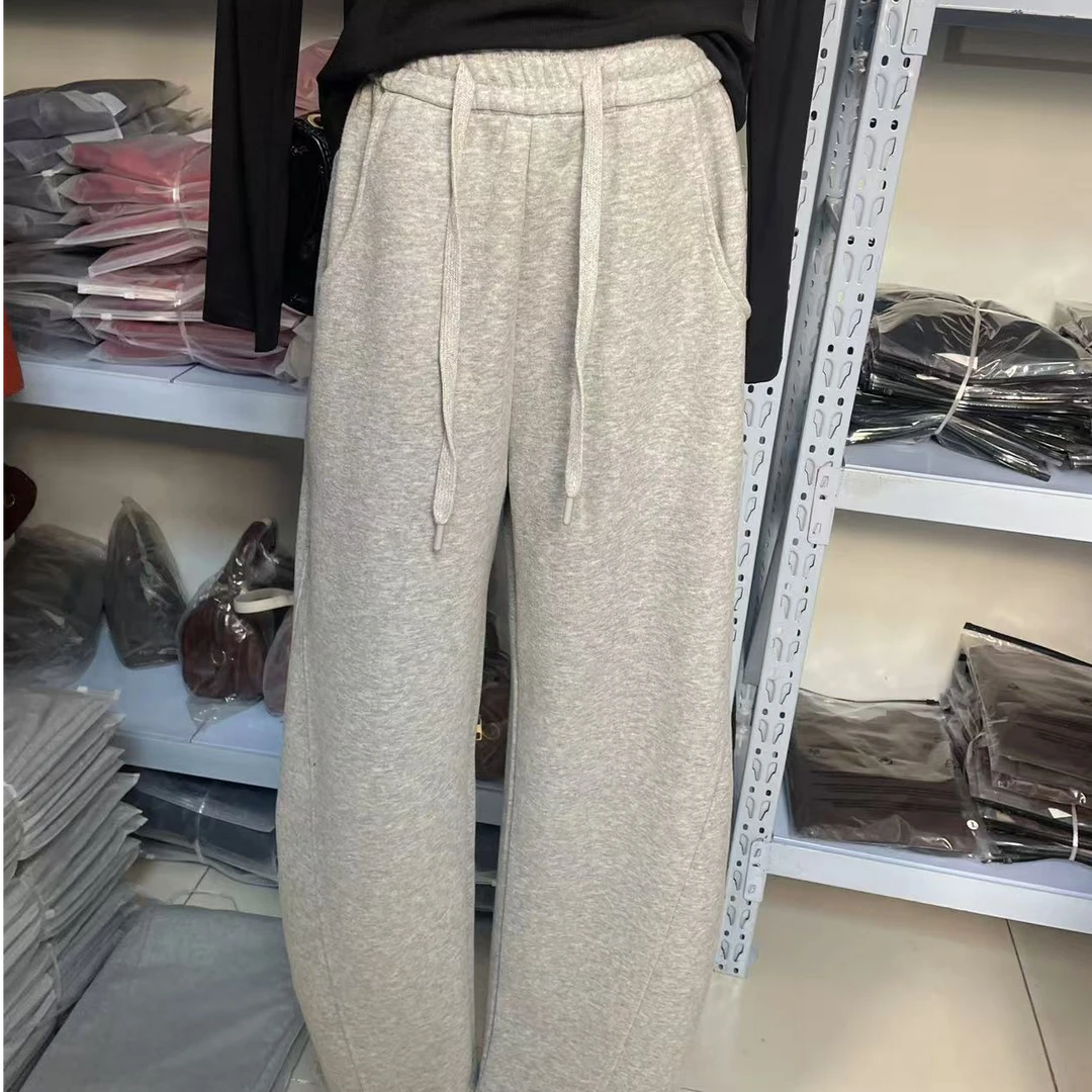 直筒弯刀阔腿裤显瘦宽松时尚休闲百搭抽绳秋冬松紧腰针织加厚