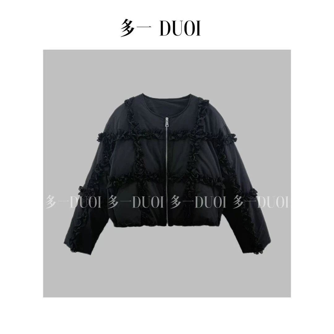多一“花间意”2024冬季复古简约短款褶皱花边格子短款短款羽绒服