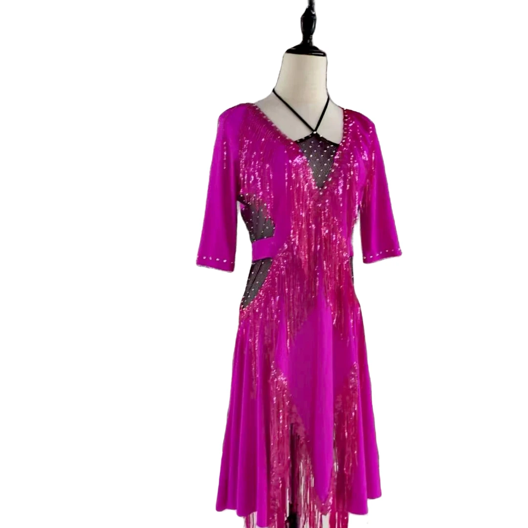 心和制衣时尚潮流百搭女士春夏秋热销款拉丁舞连衣裙v领甜美赛裙