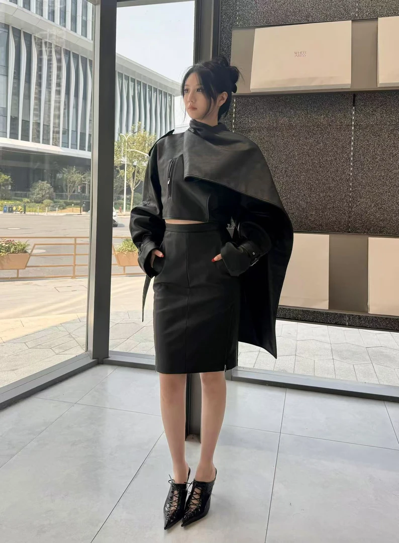 WHITE ABYS设计师原创廓形披肩领皮夹克半裙套装