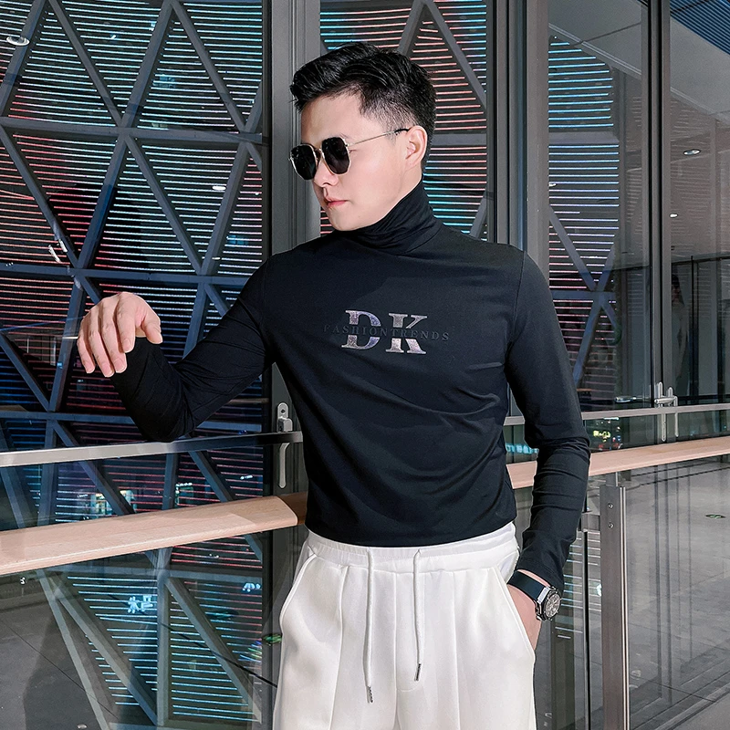 高领t恤男士长袖春秋季薄款内搭修身打底衫潮流黑色莫代尔体恤男