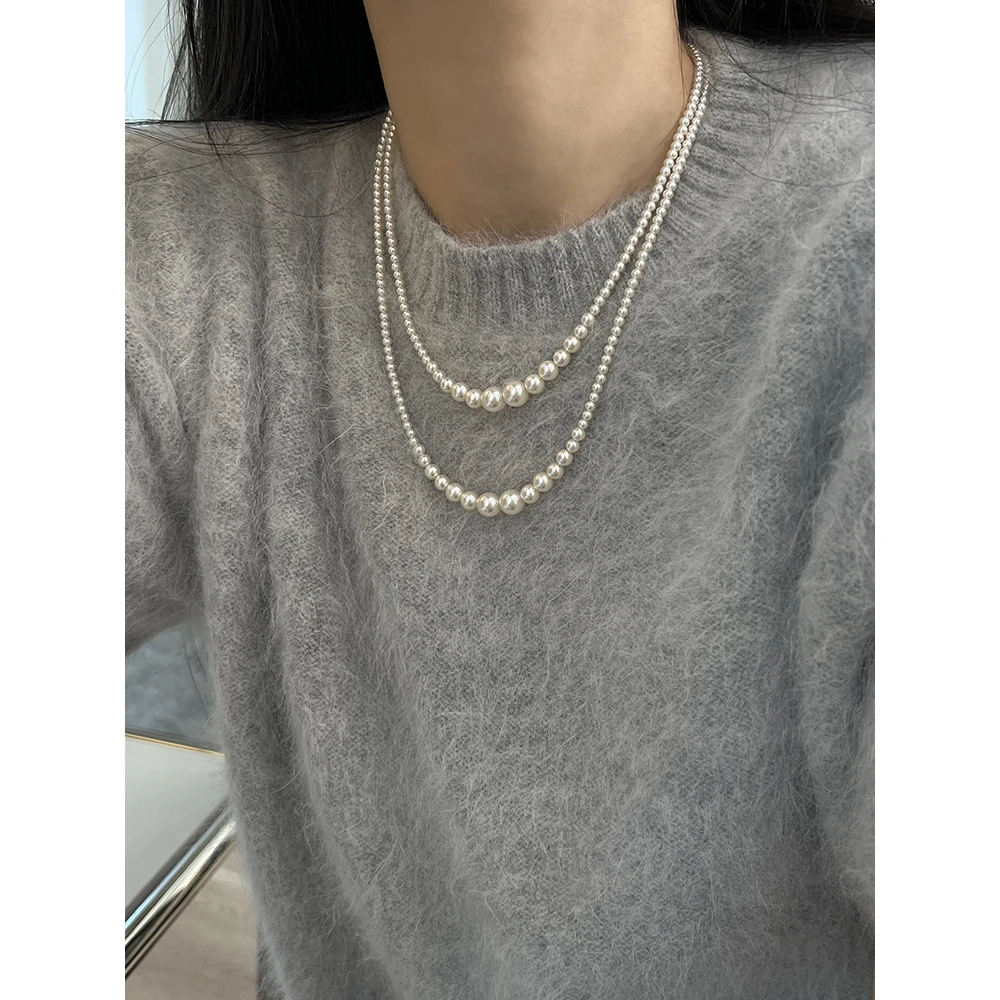 铜合金仿珍珠项链 秋冬渐变纤细白珠珠毛衣链长款轻奢小众项链434