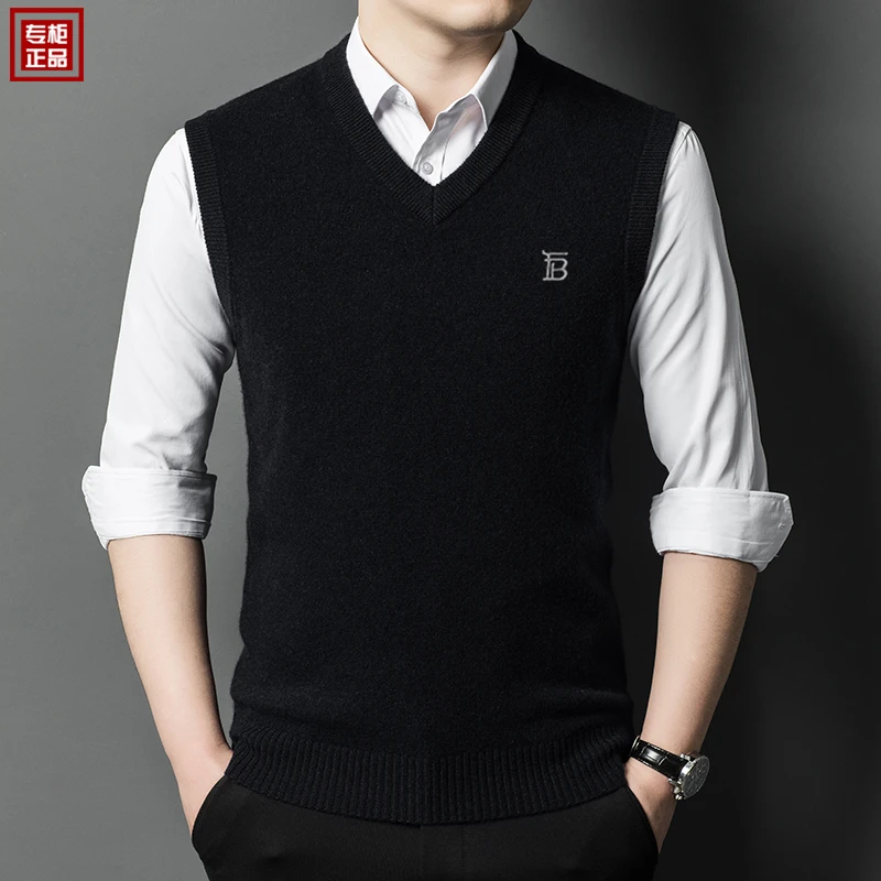秋冬季新款专柜正品英伦巴家羊毛背心男士高档V领中年羊毛衫衣男