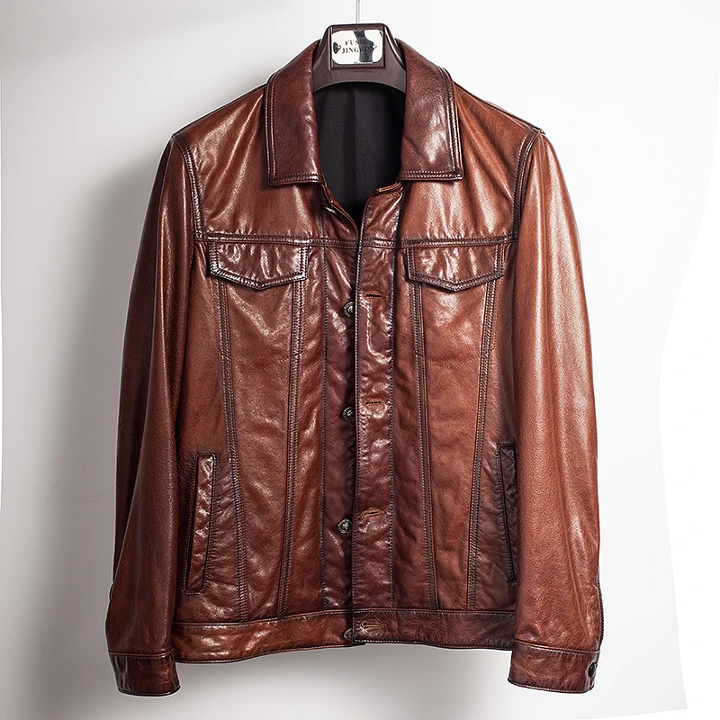 绵羊皮欧美男士外套皮衣春秋西装皮夹克短款潮流黑色秋冬秋季真皮