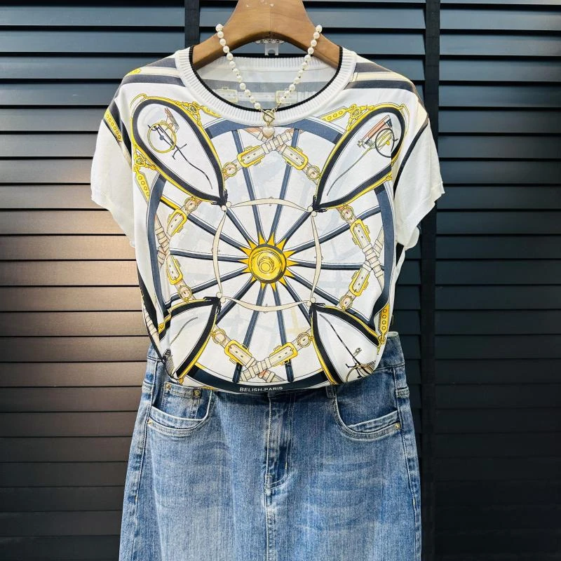 【2024夏季新款】SS23910桑蚕丝拼夏爽丝印花时尚百搭休闲上衣ML