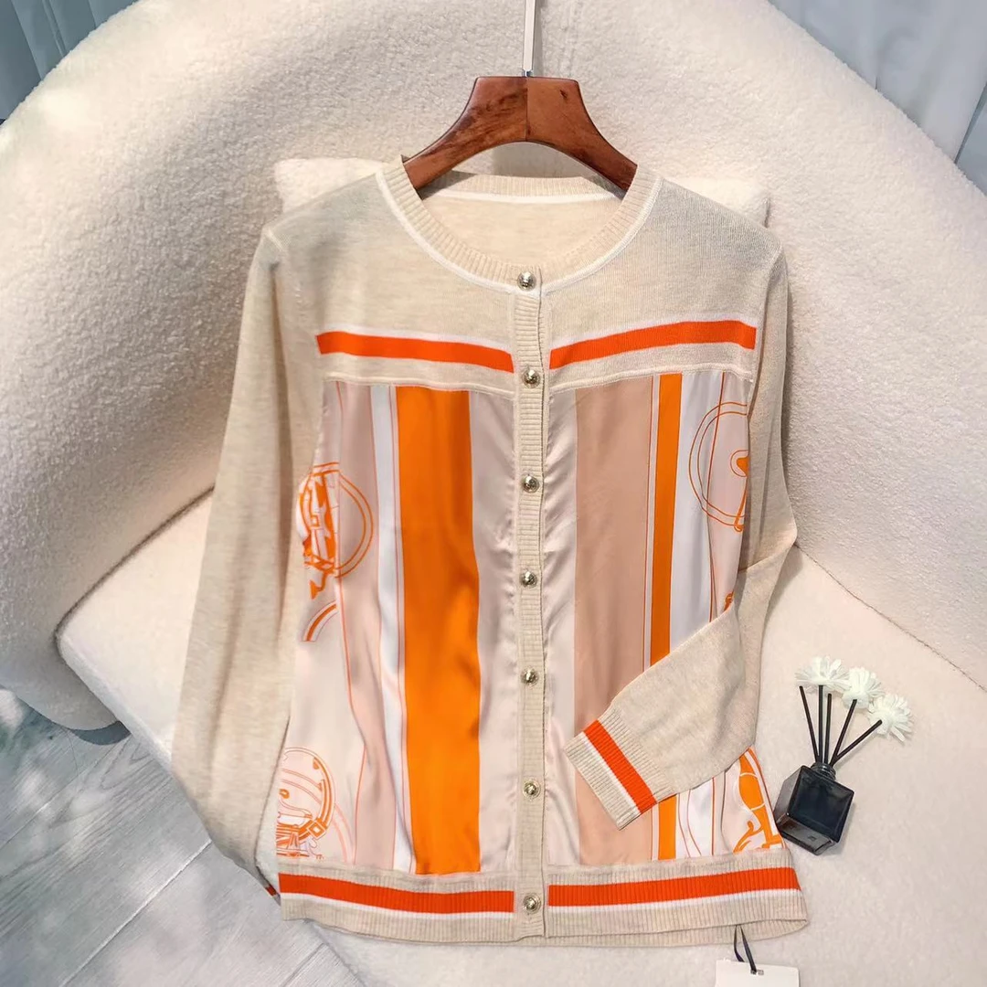 【2025春夏新款】24030桑蚕丝拼接印花开衫设计时尚圆领开衫女士