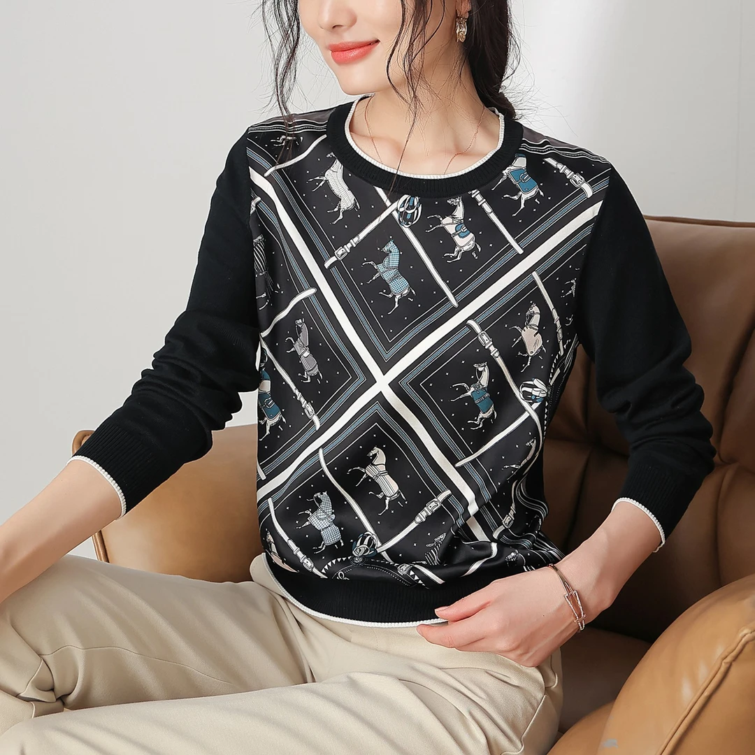 Y【万马奔腾】21953桑蚕丝印花拼圆领气质外套长袖女士