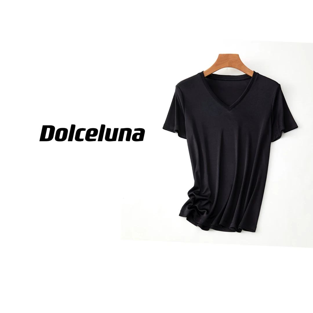 【月姐严选】春夏纯色三醋酸透气V领百搭女士短袖T恤-16810