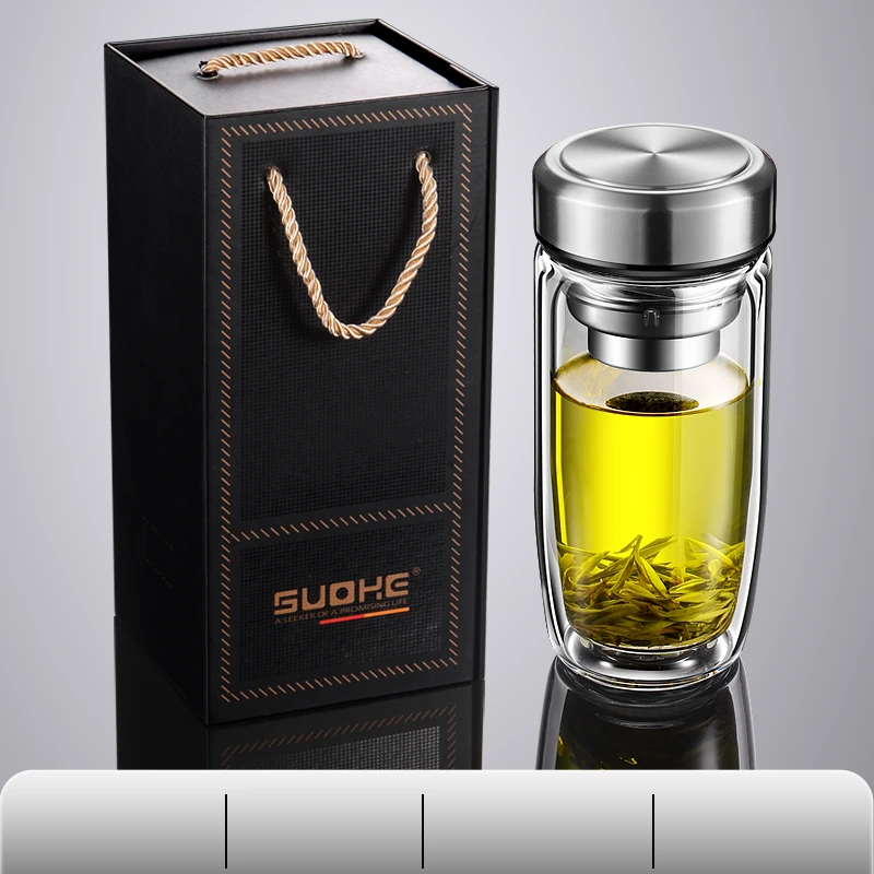 索赫双层玻璃杯加厚男过滤网带盖便携隔热礼盒装茶杯杯子水杯定制