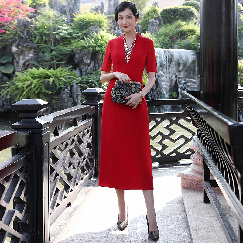 多丽琦红色喜妈妈礼服裙女轻奢气质连衣裙长款婚礼敬酒服妈妈装裙