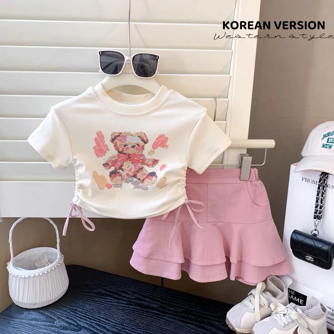 女童卡通休闲套装夏款2024新款洋气宝宝高腰短袖上衣半身裙两件套