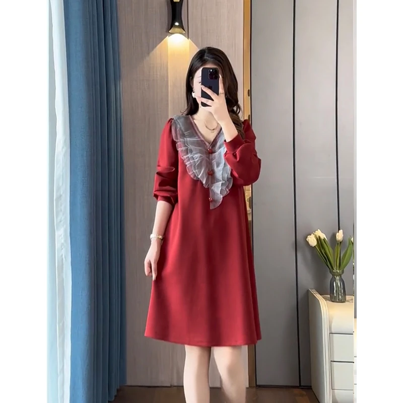 芳芳早春拼接春季新款时尚气质高级感荷叶边大码显瘦中长款连衣裙