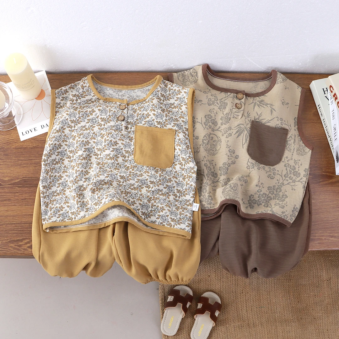 夏季薄款儿童中国风冰丝皱家居外穿套装无袖背心束腿裤休闲两件套