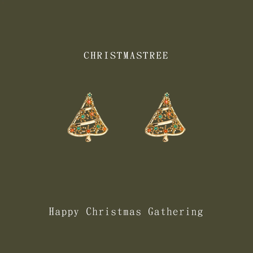 铜合金合成锆石戒指 戒指圣诞节微镶锆石镂空红绿配色圣诞树耳饰