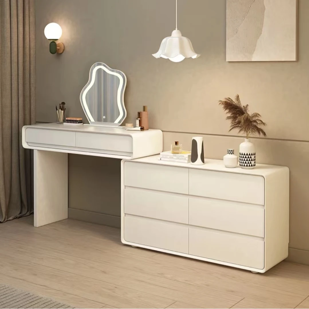 木蕤实木烤漆梳妆台简约奶油风化妆桌卧室斗柜一体可伸缩化妆台