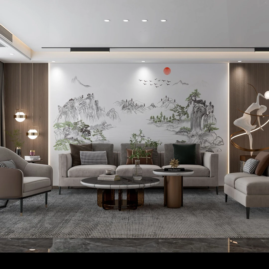 秀云碧川 新中式沙发背景 茶室背景 书房背景