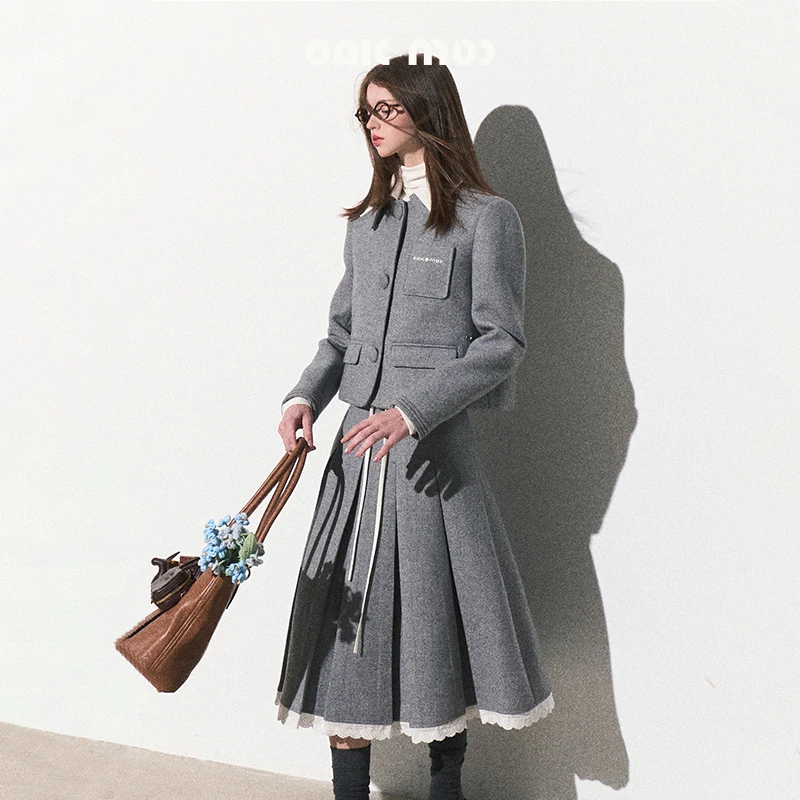 OAKMOO/ "节日气息"学院风羊毛套装高级感毛呢短款外套半裙两件套