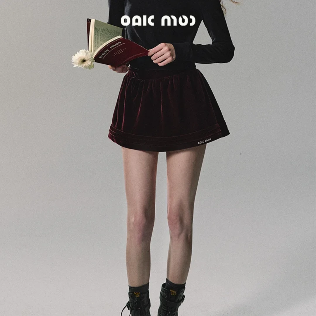 OAKMOO/ "豆蔻与红麂绒"安可拉红丝绒重工半裙简约百搭蓬蓬裙子女