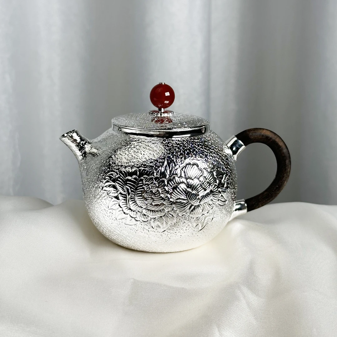 新品-手工锤纹牡丹花泡茶银壶999